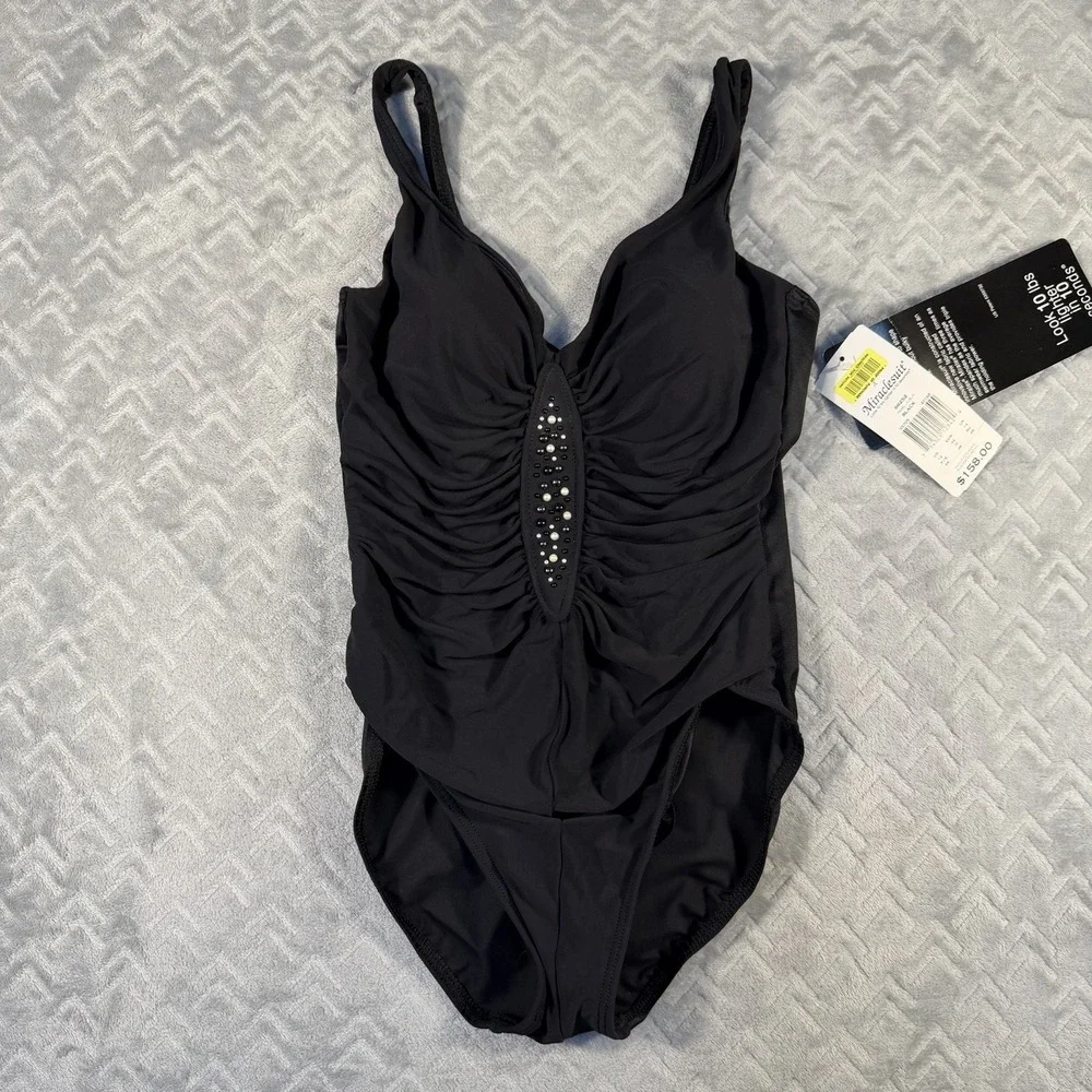 Miraclesuit‎ Black Pearl Javelin Ruched One Piece Shaper Swimsuit Size 12 NWT